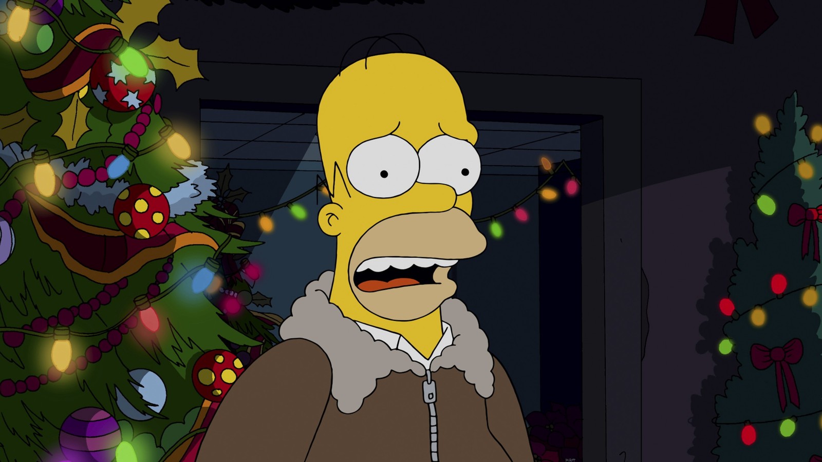 Un dibujo animado de un hombre de pie frente a un árbol de navidad (homer simpson, marge simpson, bart simpson, caricatura, ilustración)