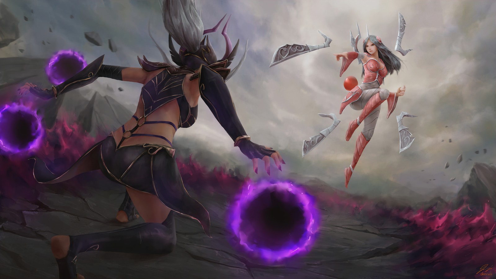 Женщина в фиолетовом наряде бежит с фиолетовым мячом (irelia, синдра, syndra, lol, league of legends)