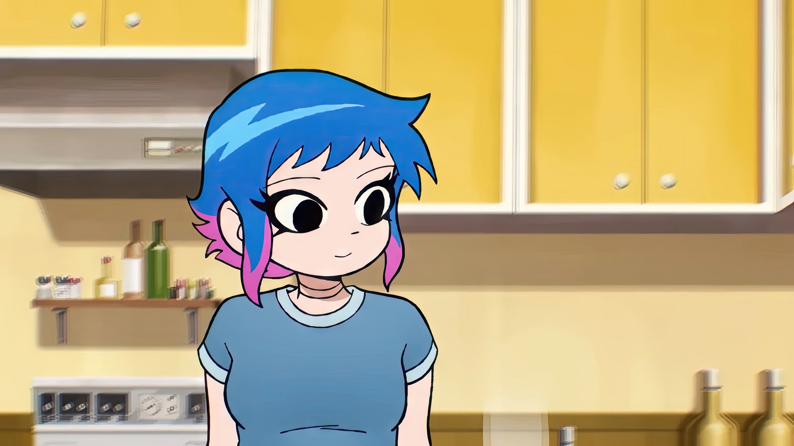 Cartoon of a woman with blue hair standing in a kitchen (ramona flowers, scott pilgrim takes off, tv series, netflix, anime)