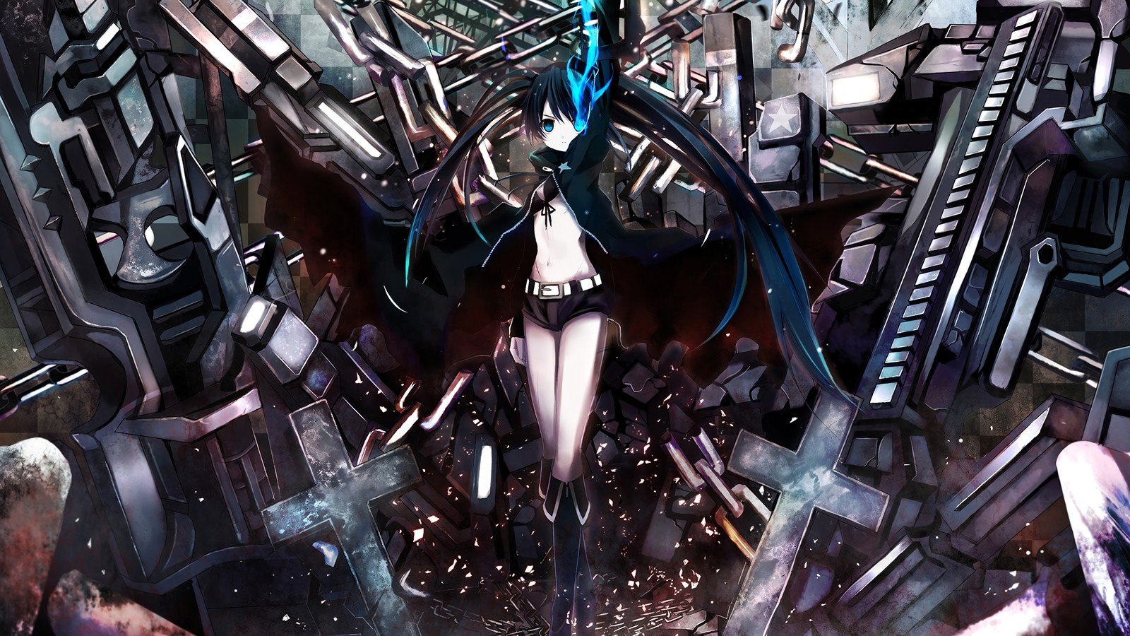 Chica de anime con cabello azul y alas negras de pie en un espacio futurista (anime, chicas, fantasía, black rock shooter)