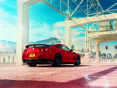 Красный Nissan GT-R суперкар в городской обстановке