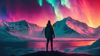 Mesmerizing Night Landscape: Snowy Mountains Under Colorful Aurora Skies