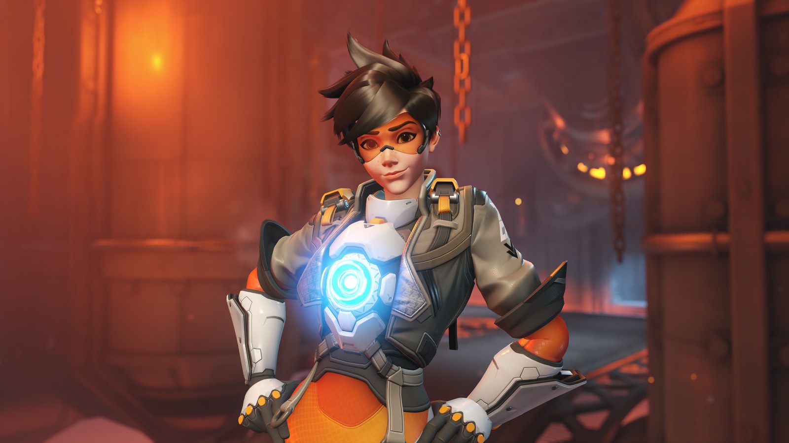 Une femme en costume avec une lumière brillante sur sa poitrine (tracer, overwatch 2, jeu vidéo)