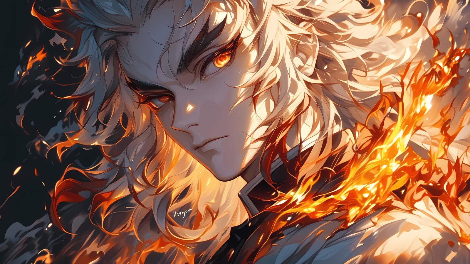 Un primer plano de una persona con fuego en la cara (kyojuro rengoku, guay, asesino de demonios kimetsu no yaiba, demon slayer kimetsu no yaiba, fuego)