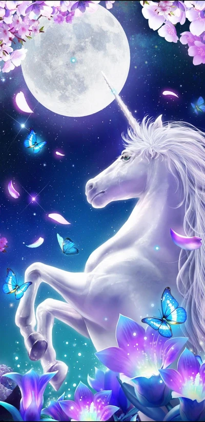 Licorne magique sous le ciel éclairé par la lune avec des fleurs et des papillons