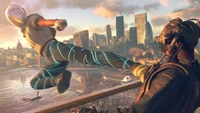 Dynamic action scene from Watch Dogs: Legion featuring a character executing a powerful kick against an opponent in a futuristic London skyline.