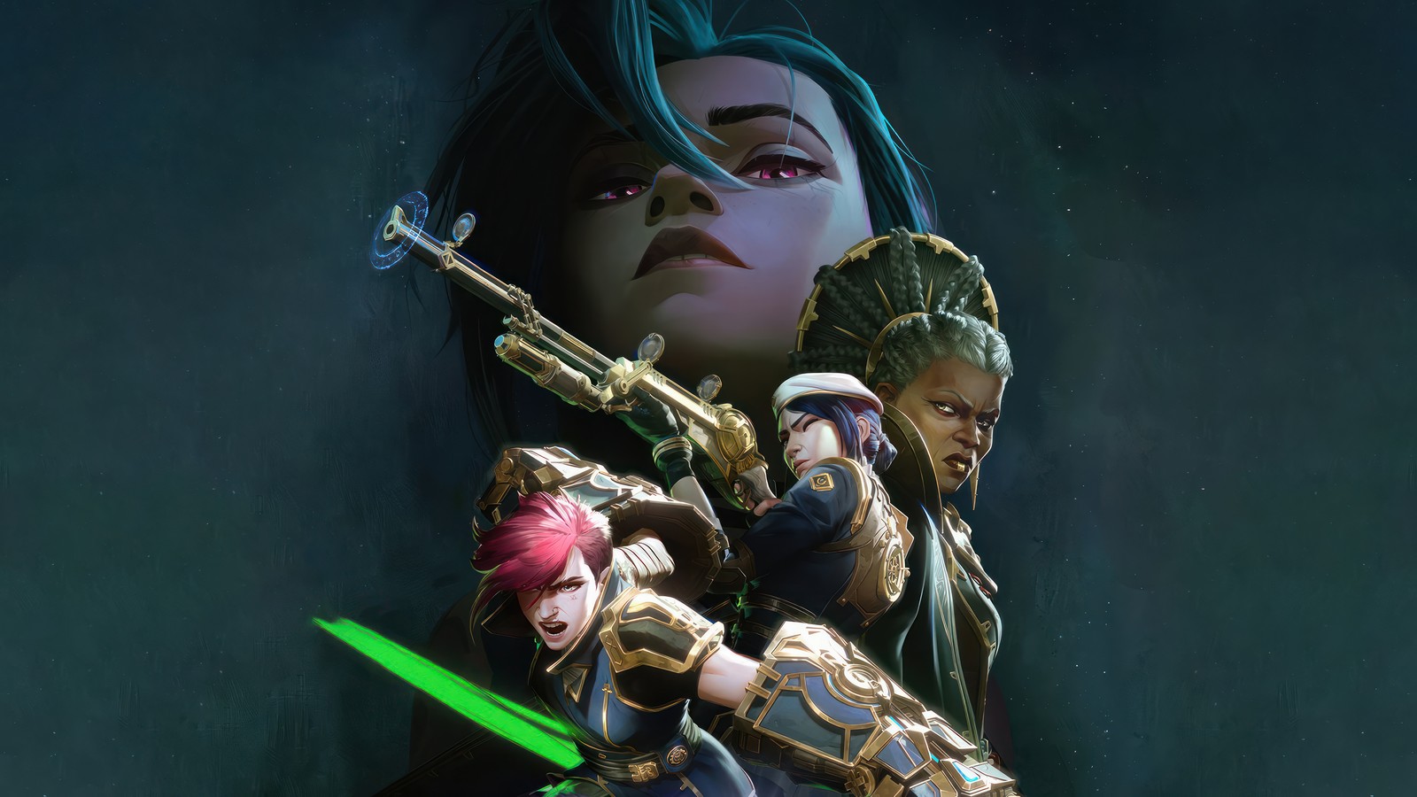 A close up of two women with green hair holding swords (aracane series, tv series, league of legends, lol, season 2)