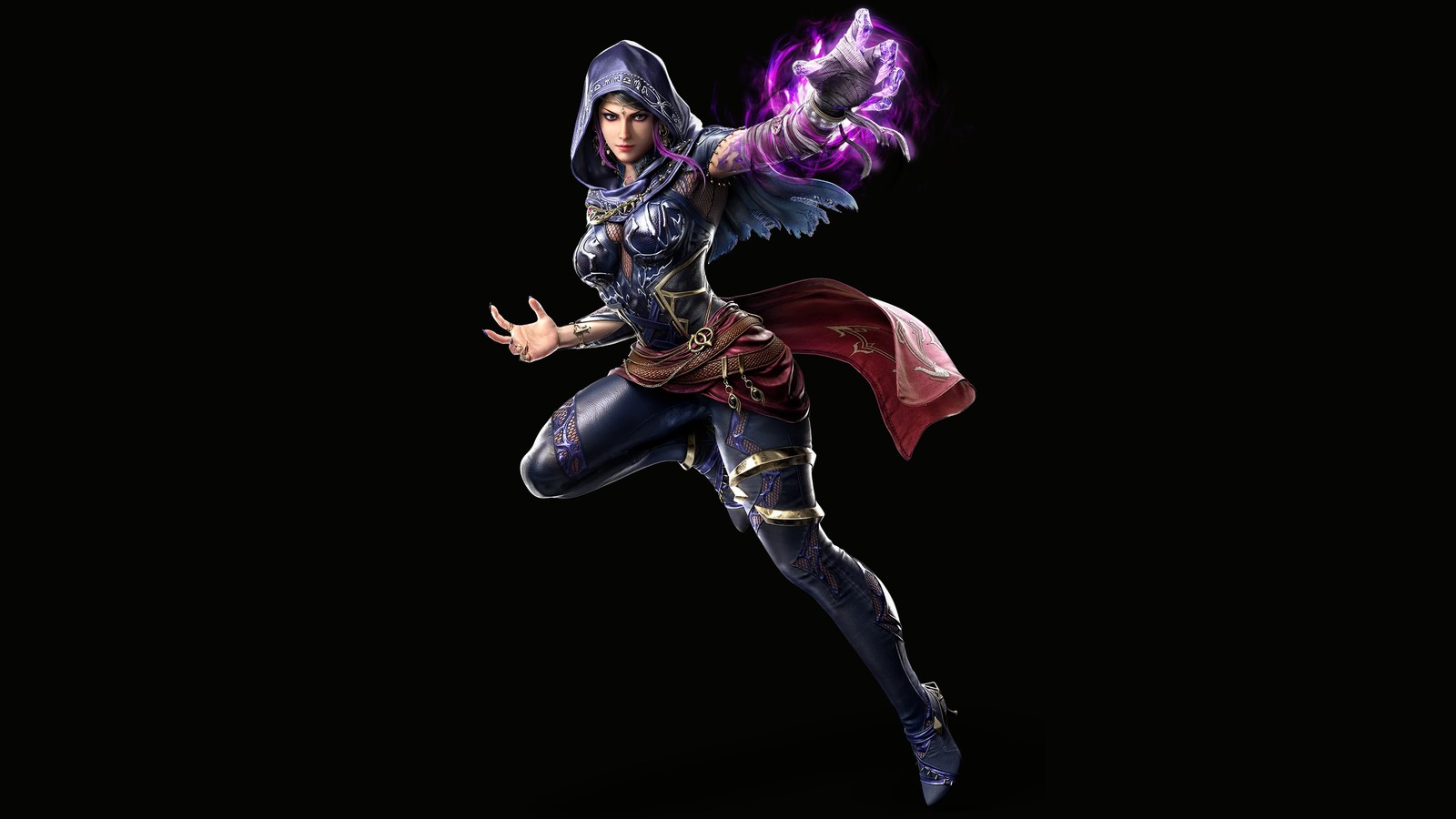 Una mujer con un atuendo morado y una sudadera sostiene una luz morada (zafina, tekken 8, fondo negro, amoled, personaje femenino)