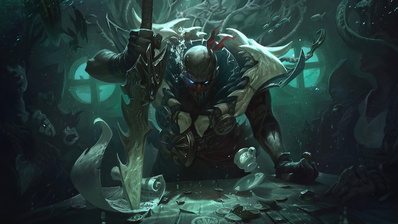 Uma pintura de um homem com uma espada e um monstro gigante (pyke, lol wild rift, jogo de vídeo, lol, league of legends)