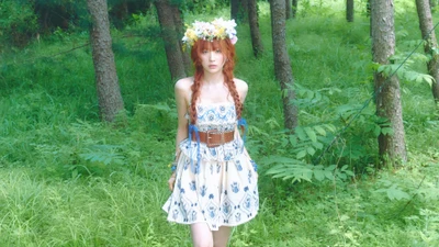 Seulgi com uma coroa de flores, vestindo um vestido estampado, caminhando por uma floresta verdejante.