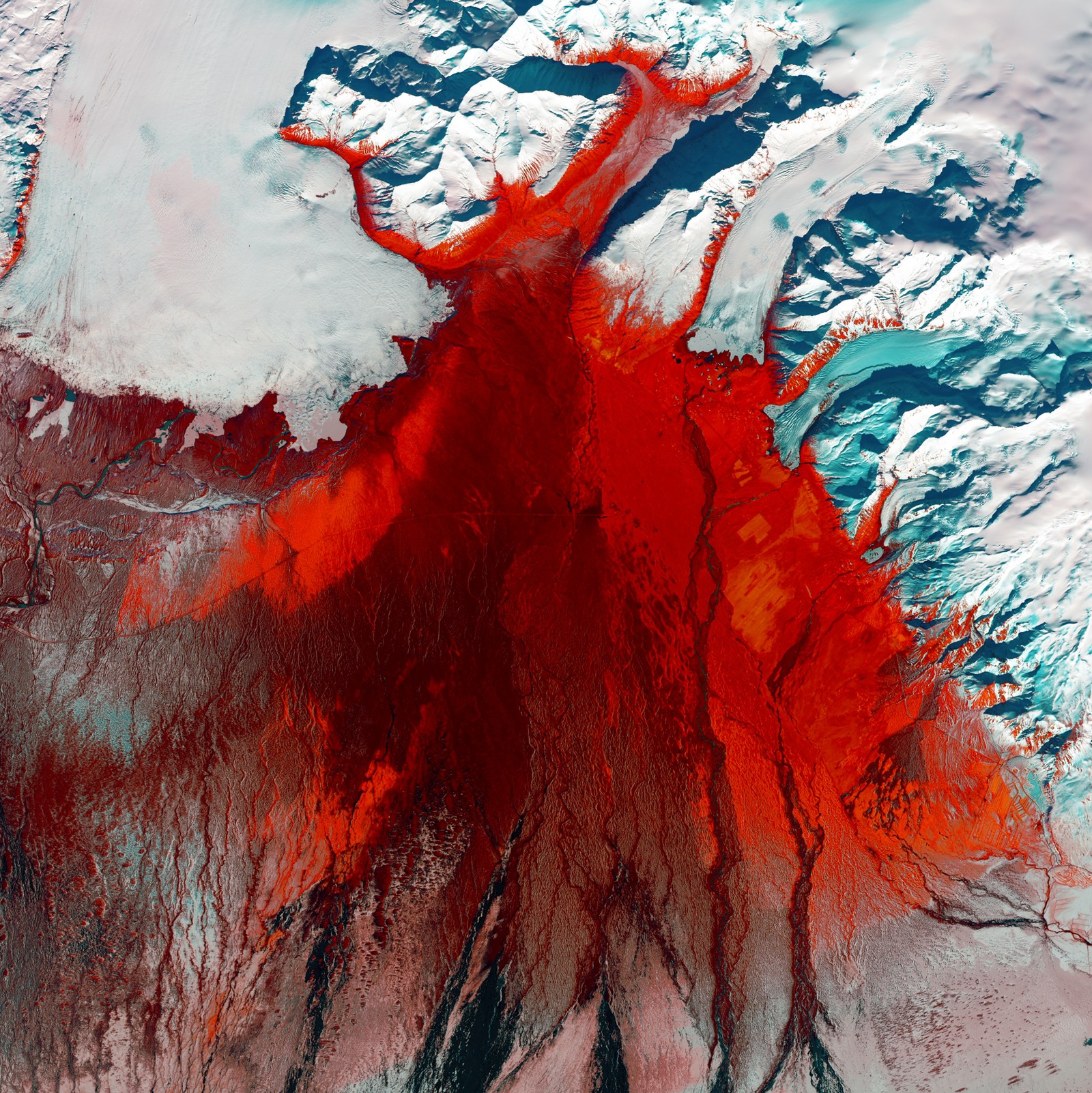 A close up of a red substance on a mountain with snow (earth, united states, art, glacier, red)