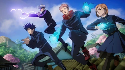 Personagens de Jujutsu Kaisen em ação: Gojo, Itadori, Fushiguro e Kugisaki