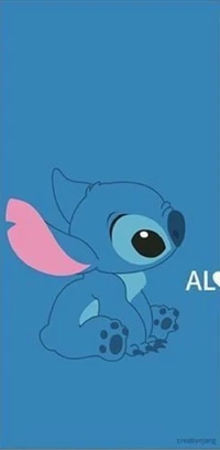 O personagem de desenho animado Stitch sentado de forma brincalhona contra um fundo azul