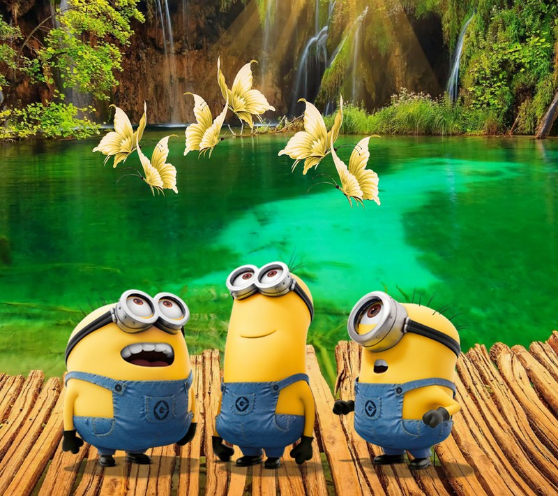 Minions are sitting on a dock with a waterfall in the background (beach, butterfly, cartoons, holidays, minion)