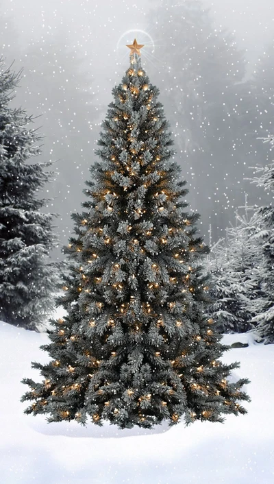 festivo, luces, nieve, árbol