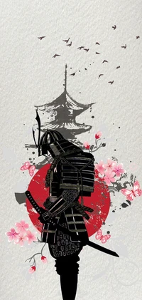 Silhouette de samouraï contre des cerisiers en fleurs et le soleil levant