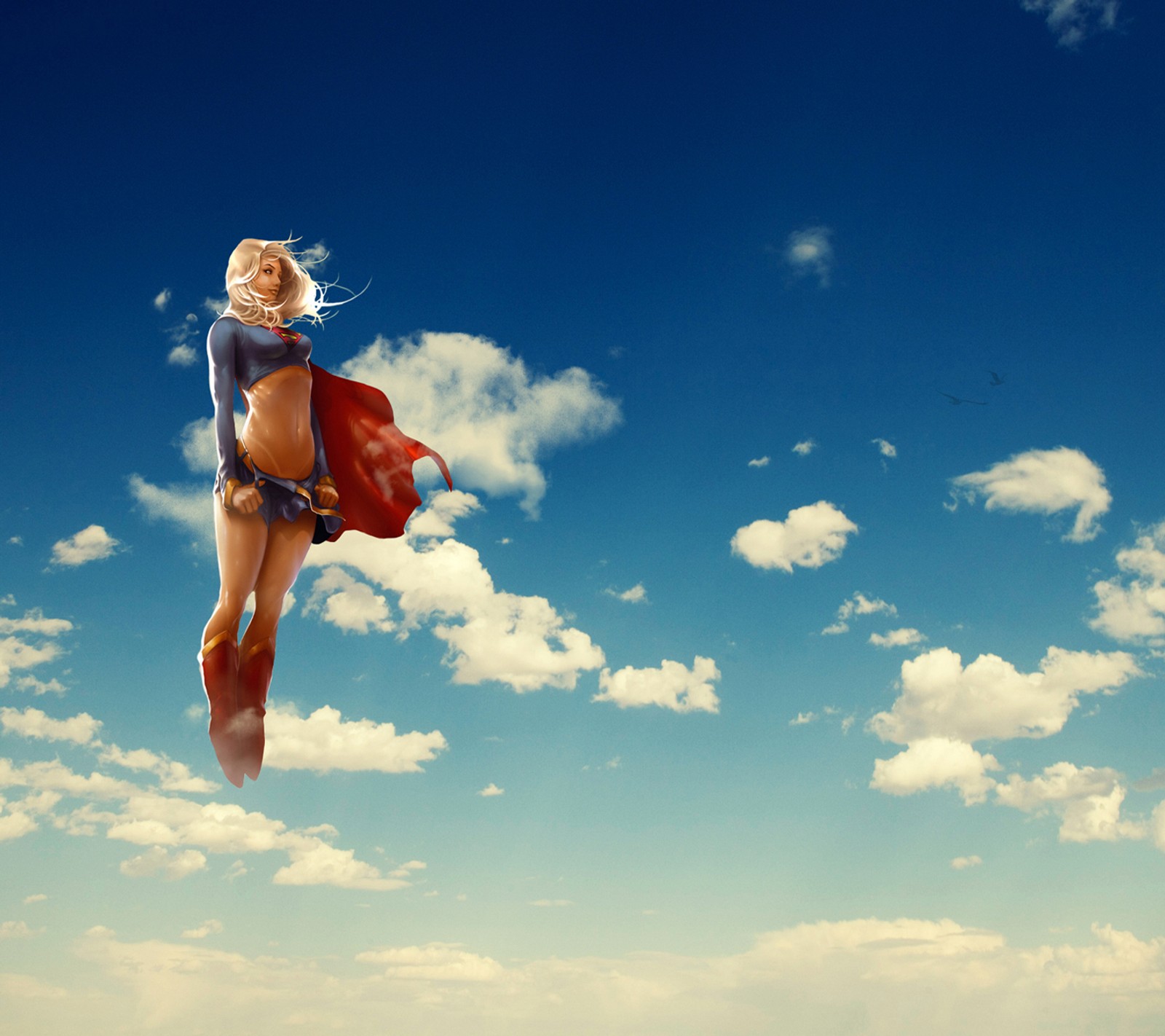 There is a woman flying through the air with a red cape (supergirl, walpaper)