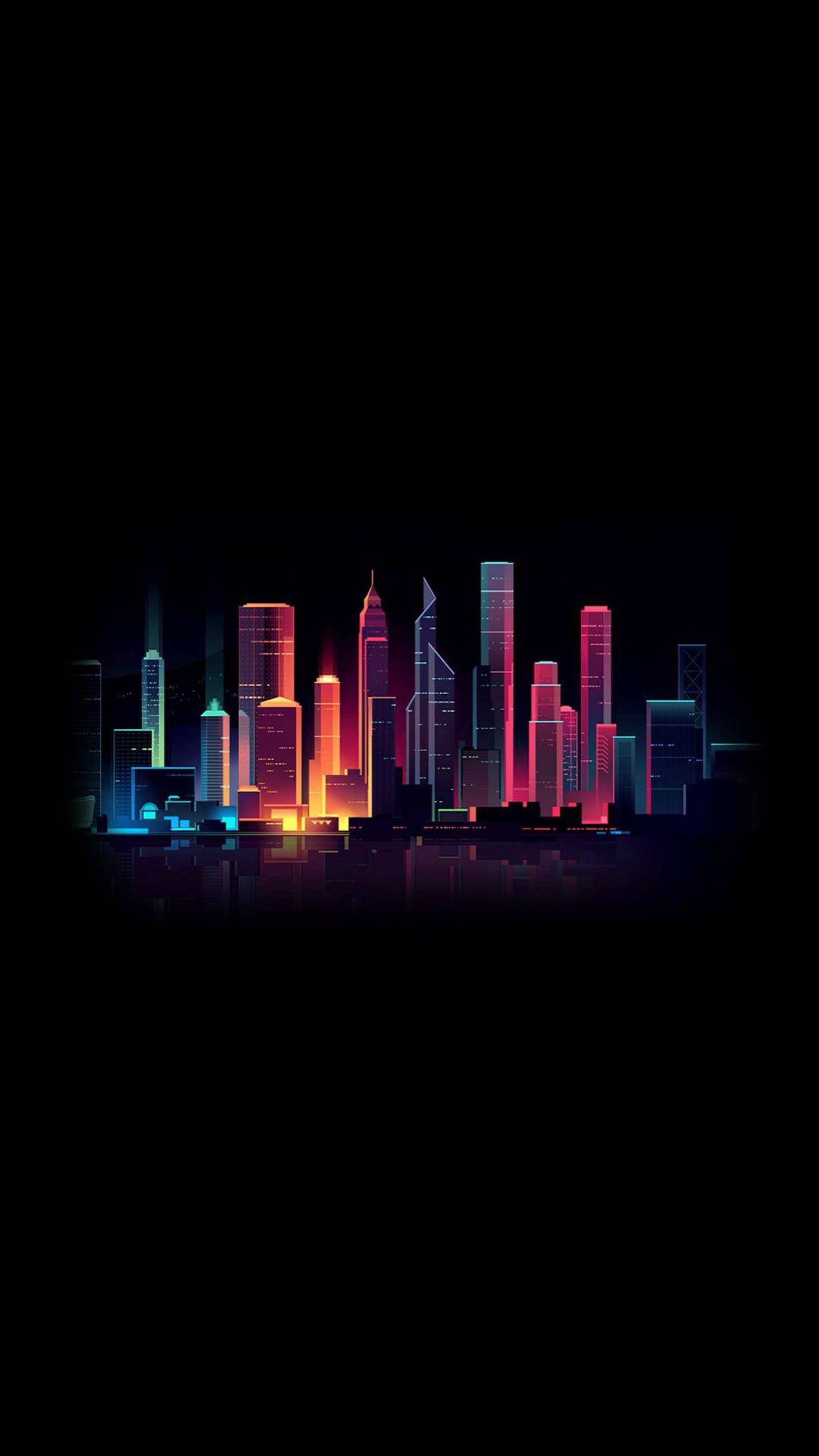 A close up of a city at night with a neon light (monster, logo, colors, colour, simple)