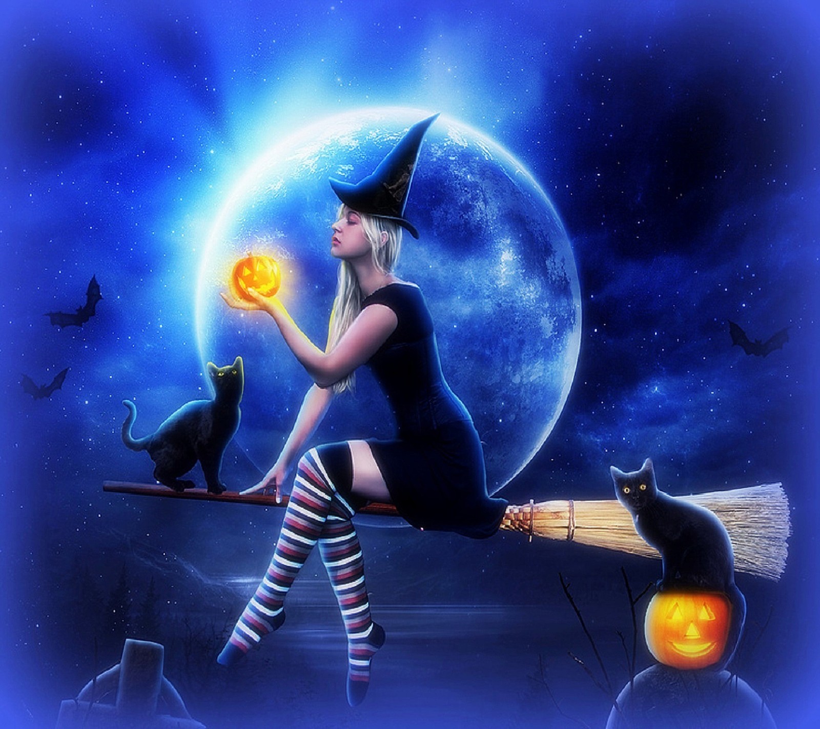 Uma bruxa sentada em uma vassoura com um gato e uma abóbora (halloween, feliz)