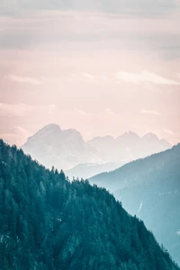 Paisaje alpino sereno con crestas montañosas brumosas