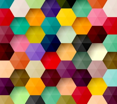 Colorful hexagonal pattern with a vibrant mix of various shades and geometric shapes.