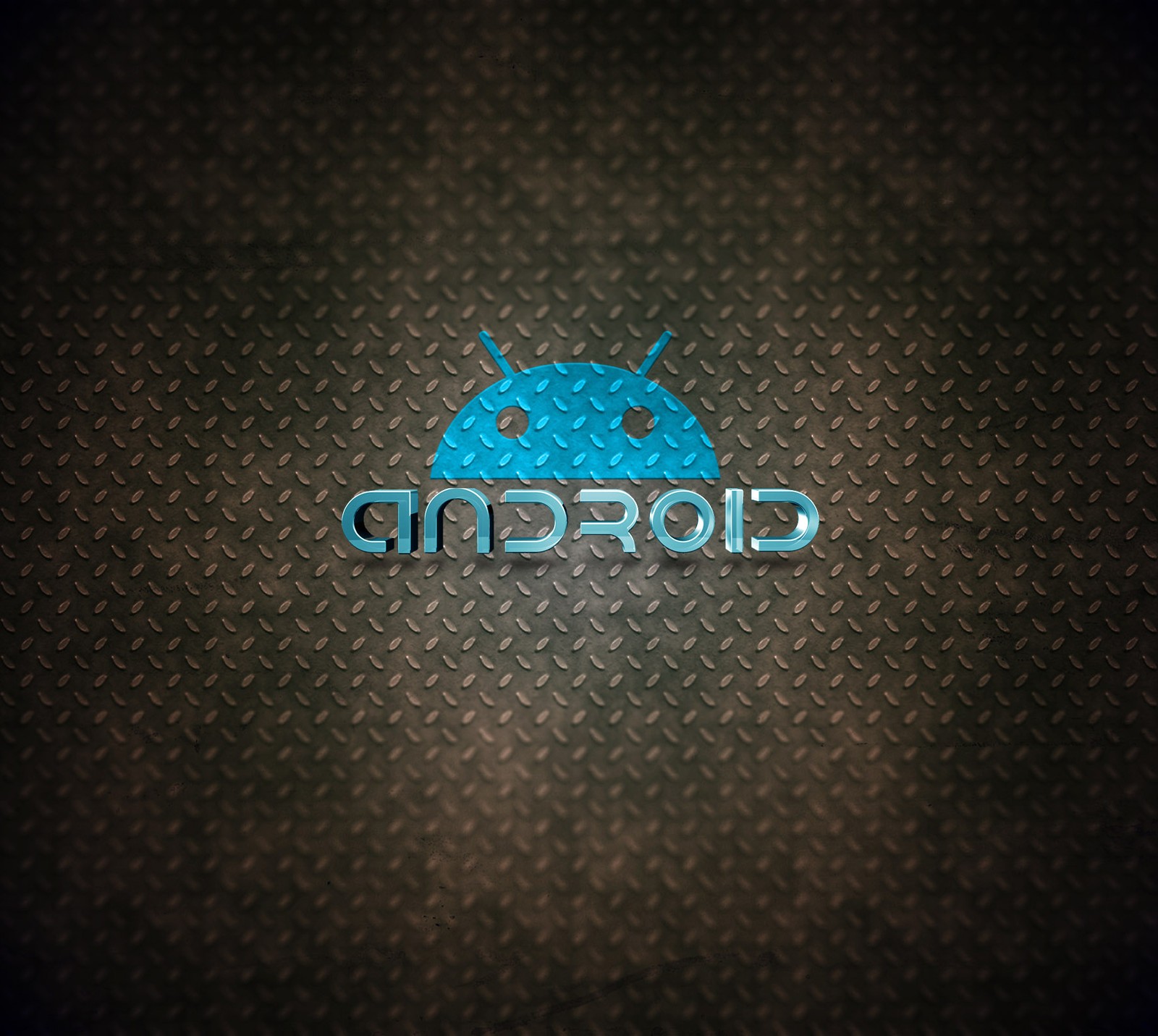 Un primer plano del logo de android azul en una superficie metálica (android, fondo, mejor, cian, grunge)