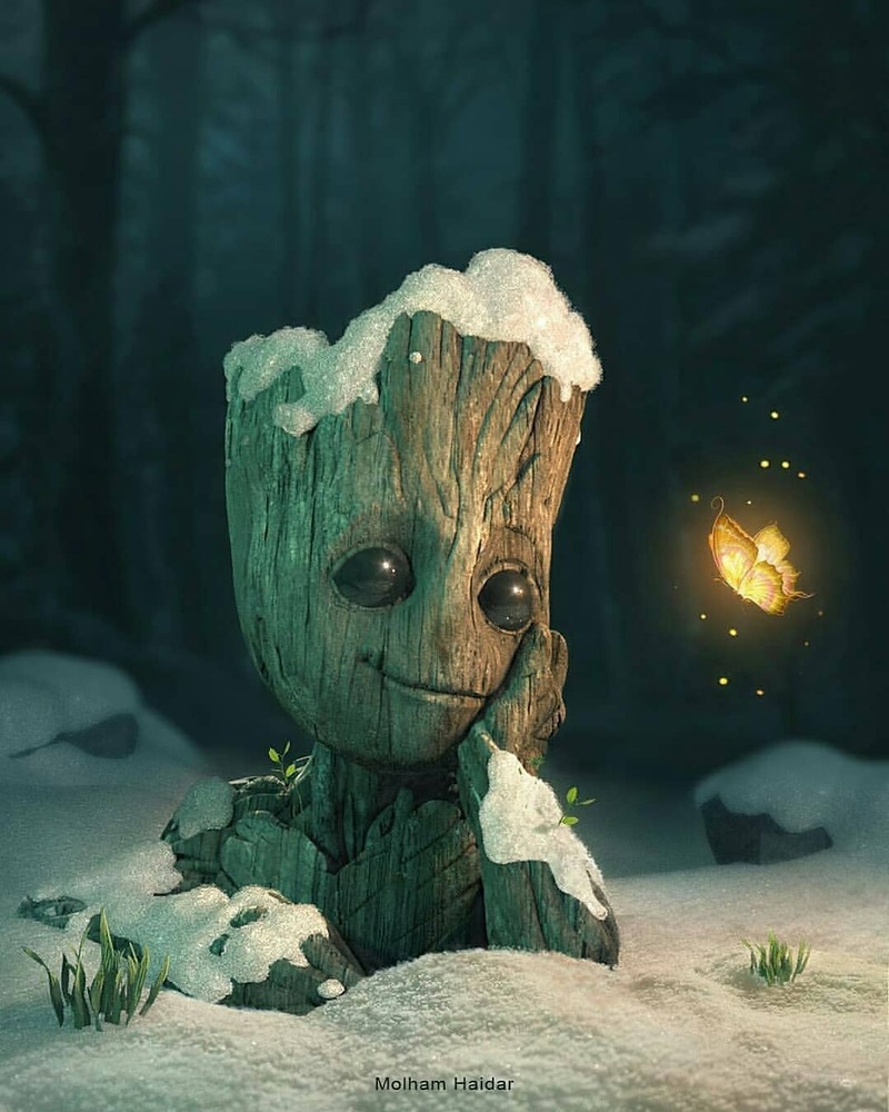 Маленький гризли сидит в снегу (грут, groot, стражи галактики, guardian of the galaxy)