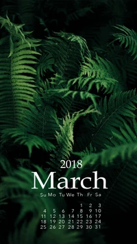 Calendario de marzo de 2018 con fondo de helecho verde exuberante