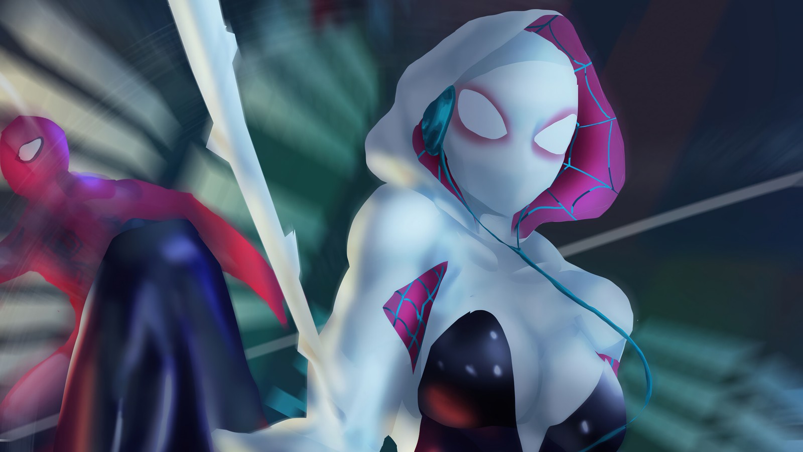 Spider-man et une femme dans un cadre futuriste avec spider-man en arrière-plan (spider gwen, super héros, marvel comics, bandes dessinées, art)