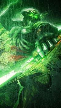 A powerful warrior cloaked in green energy, wielding a glowing sword, amidst a torrential downpour.