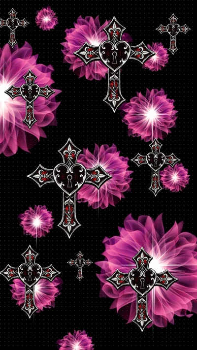 black, crosses, floating, flowers, neon