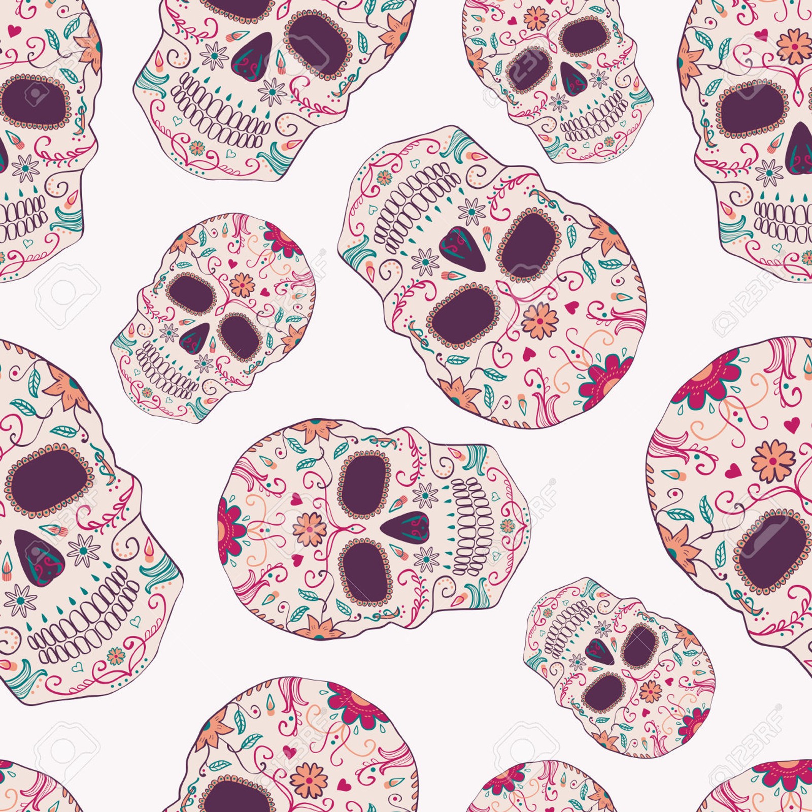 A seamless sugar skulls with hearts and flowers on a white background (calacas, calaceras, colores, flores, noviembre)