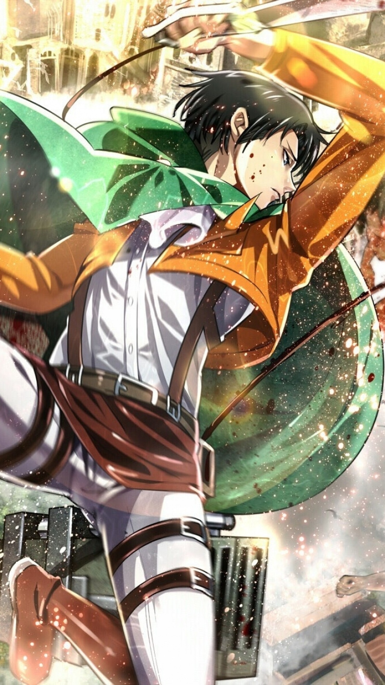 Personnage d'anime avec une épée et une cape volant au-dessus d'une ville (anime, aot, lattaque des titans, attack on titan, manga)