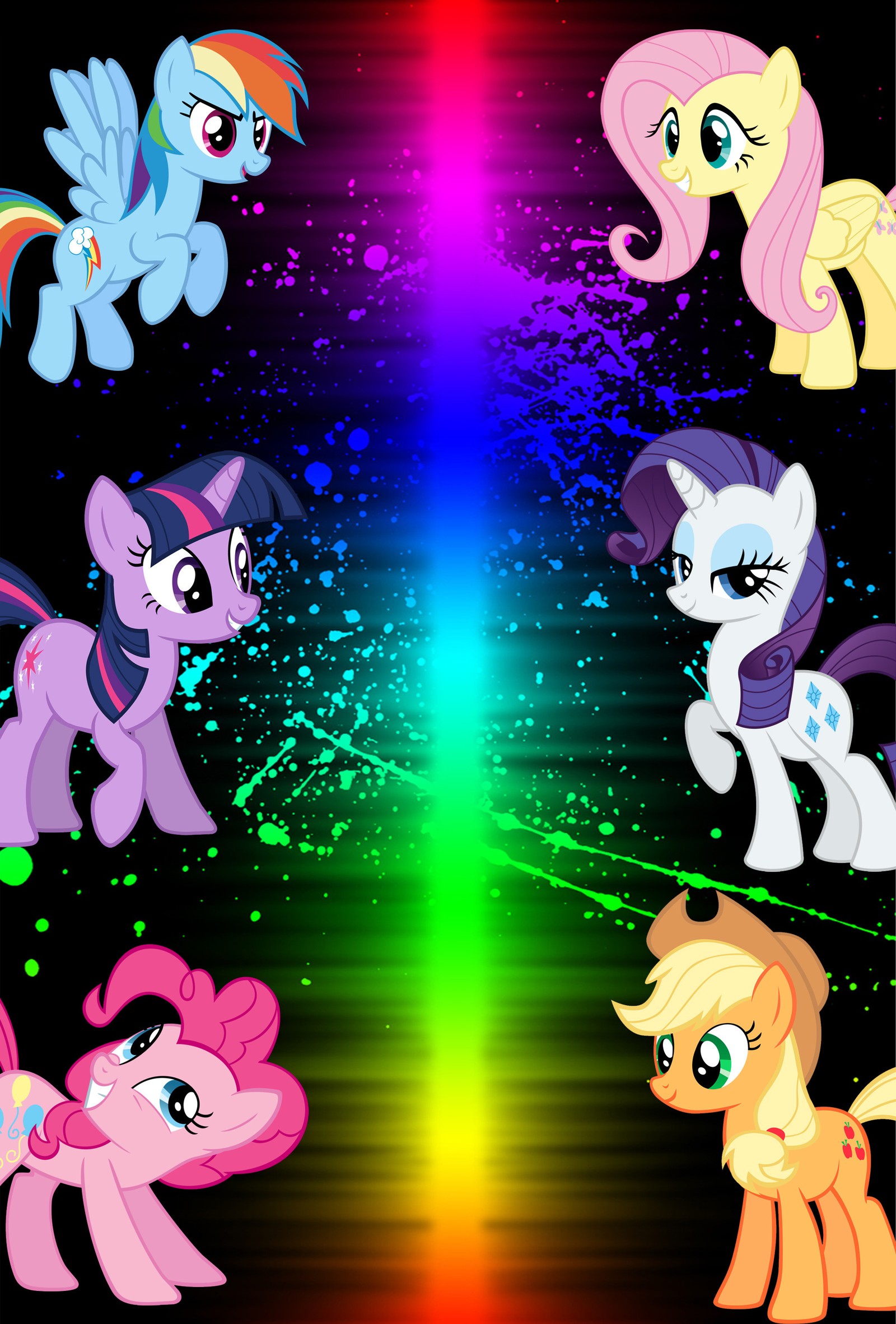 A close up of a group of pony standing in front of a rainbow (mane 6, ponies, rainbow color)