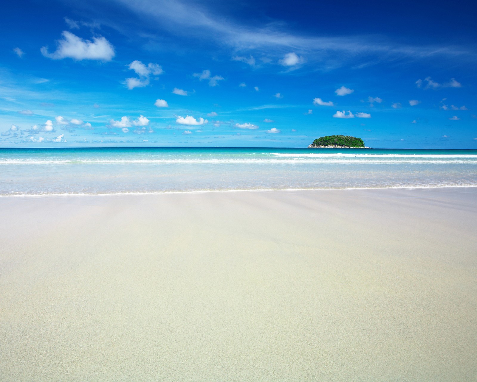 Arafed view of a sandy beach with a small island in the distance (beach, blue nature, sky, wave)