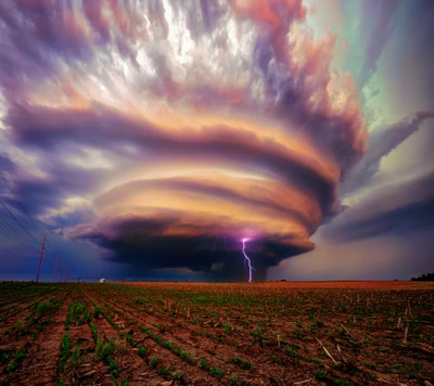 field, lightning, nature, sky, thunderclouds