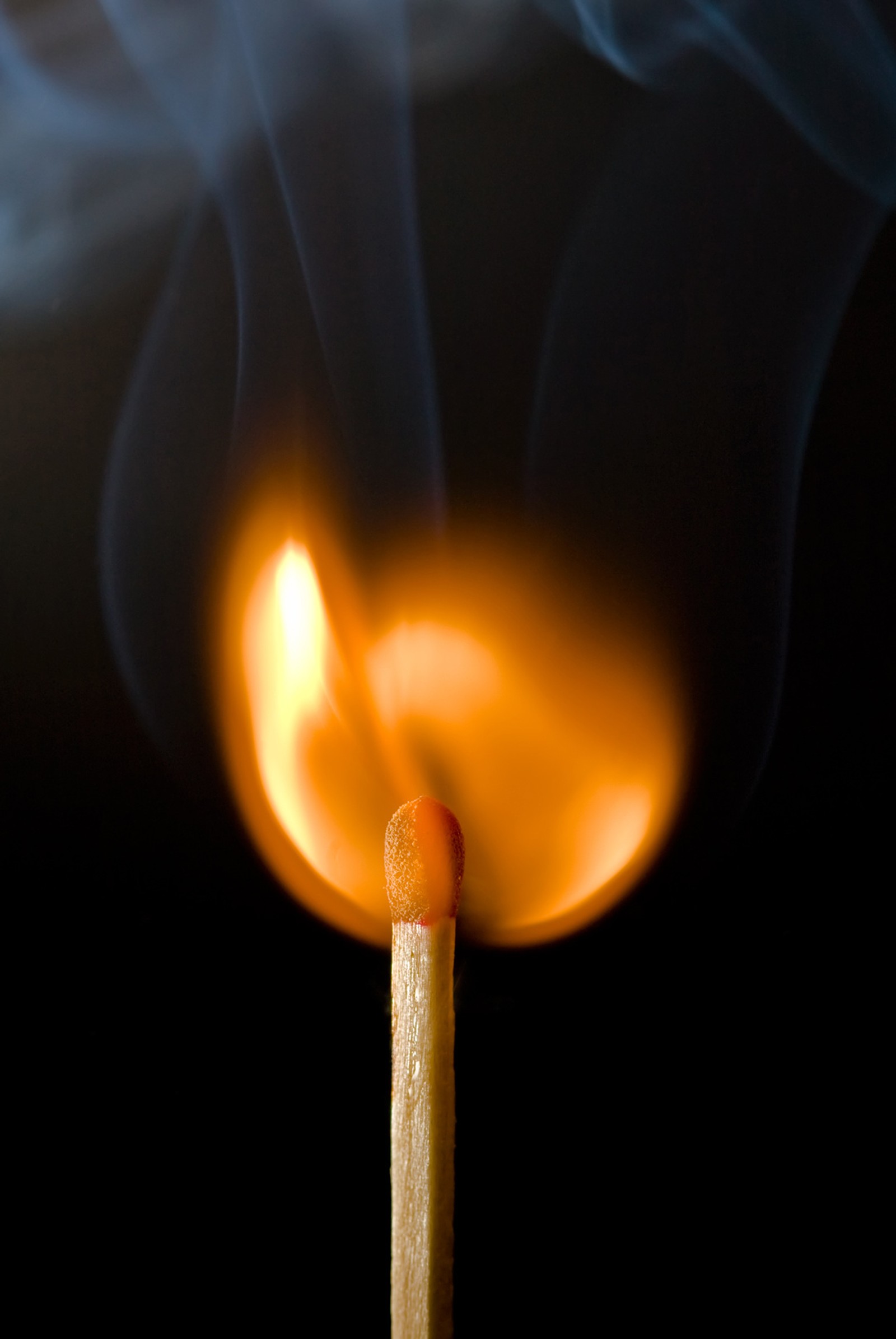 There is a matchstick with a lit match on it (black, smoke)