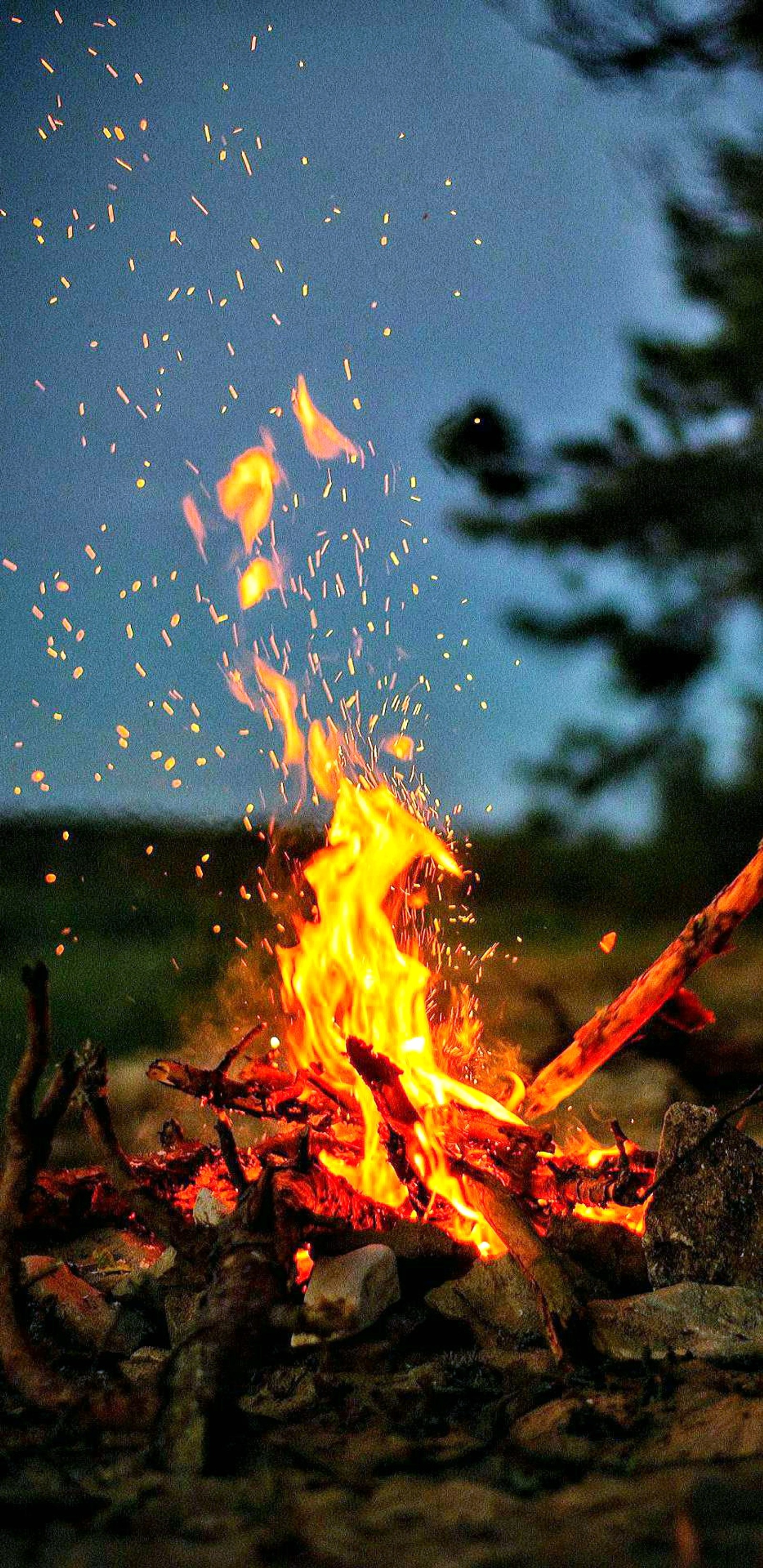 Hay un fuego ardiendo en el suelo (chimenea, llamas)