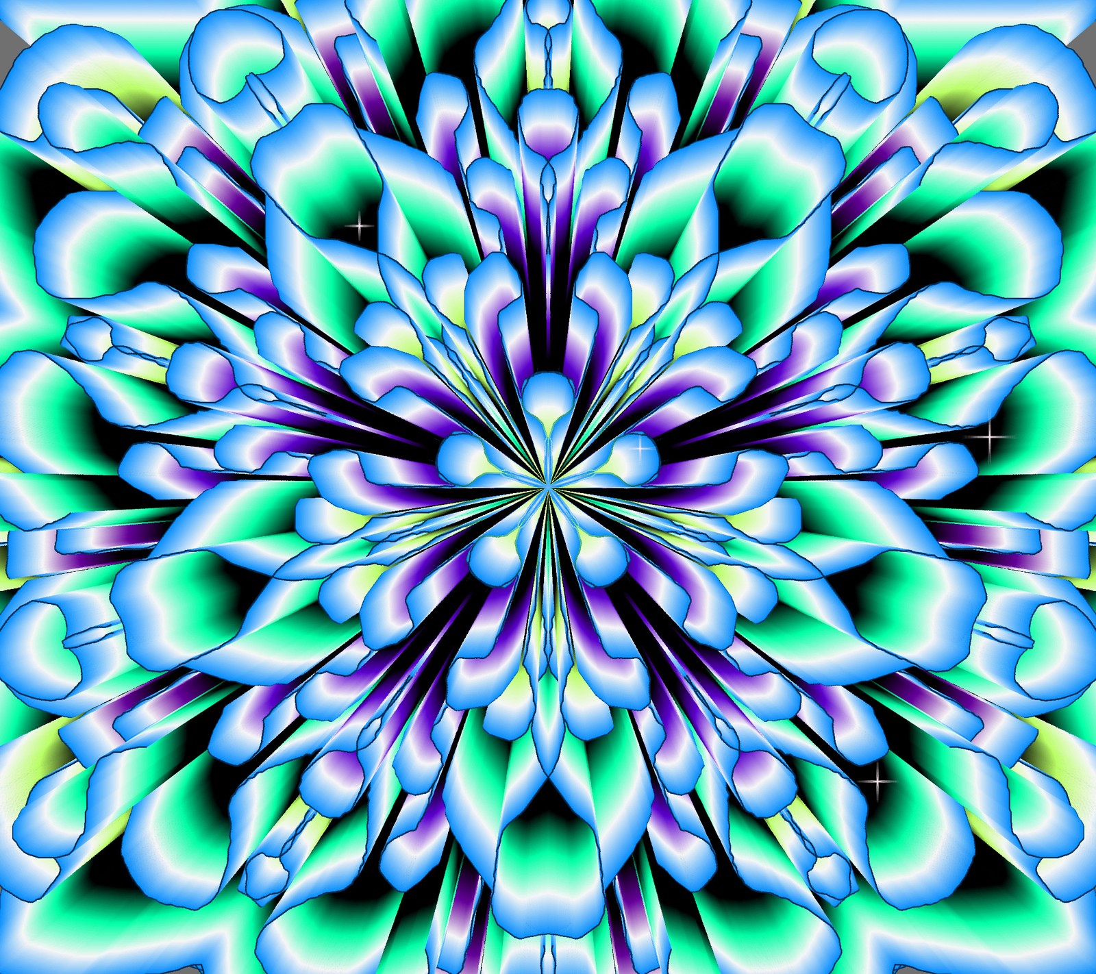 Um close em uma flor azul e verde com um fundo preto (abstrato, mandala, babado)