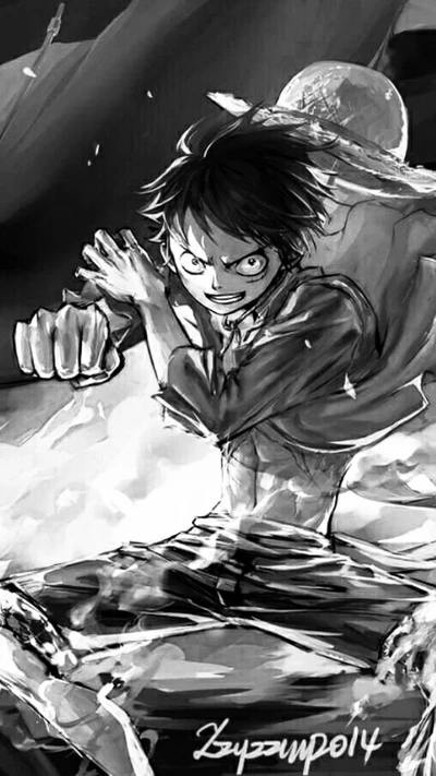 Luffy en pose de batalla intensa – Arte del anime One Piece