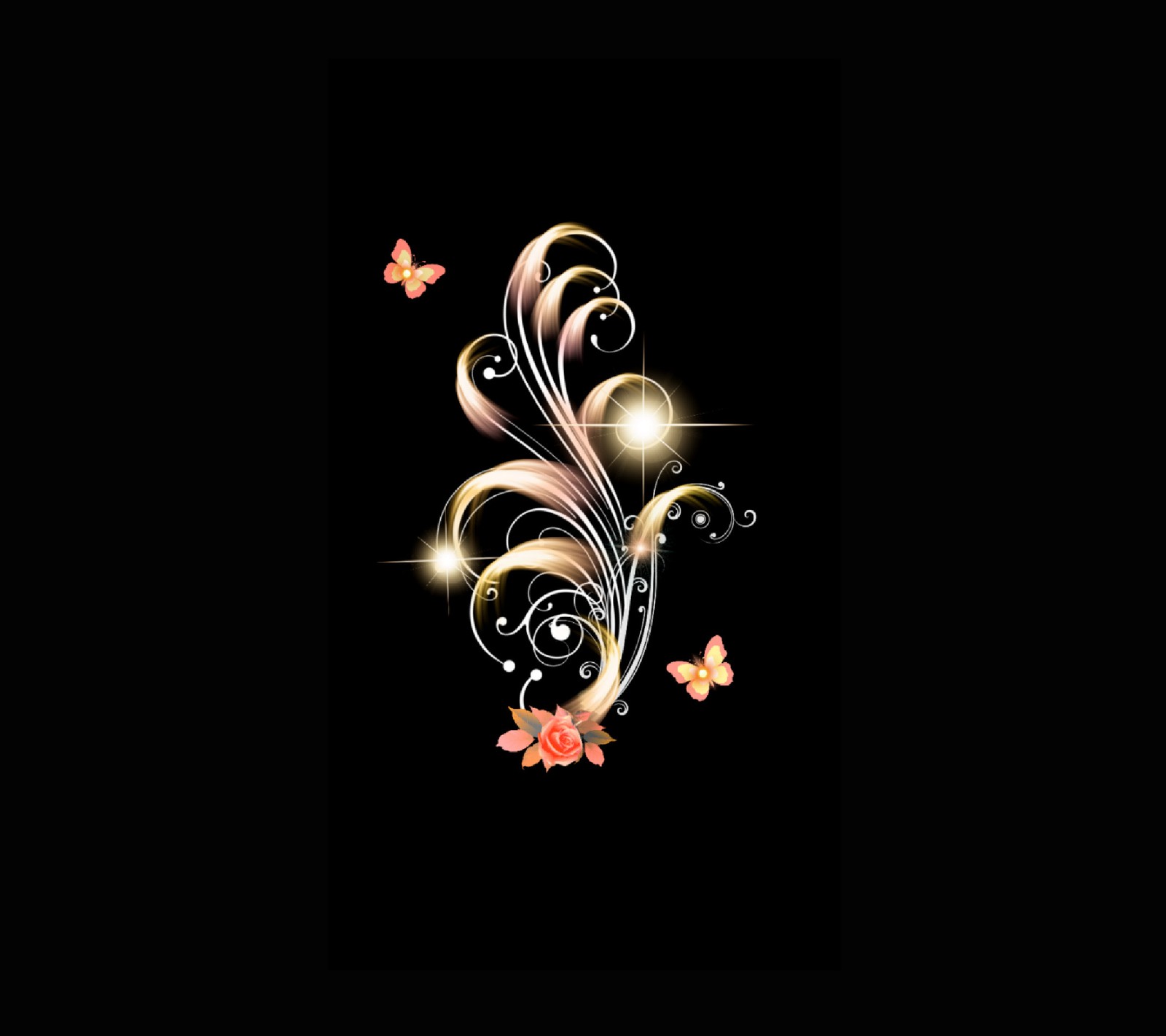 A close up of a black background with a gold and pink flower (design, fantasy, forms)