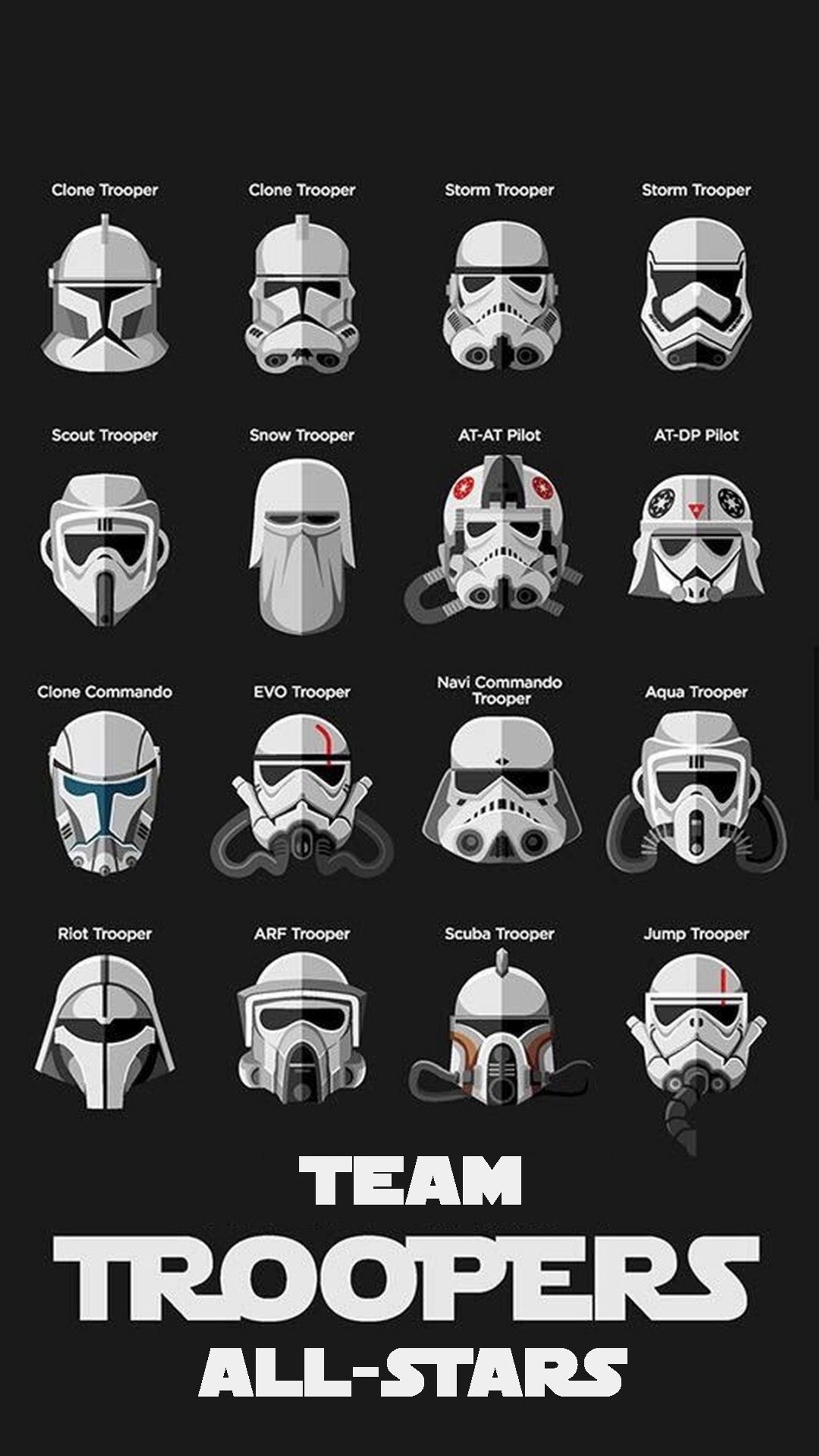 A poster of a series of star wars helmets with the names of each (all stars, poster, storm trouper, team, team troopers)