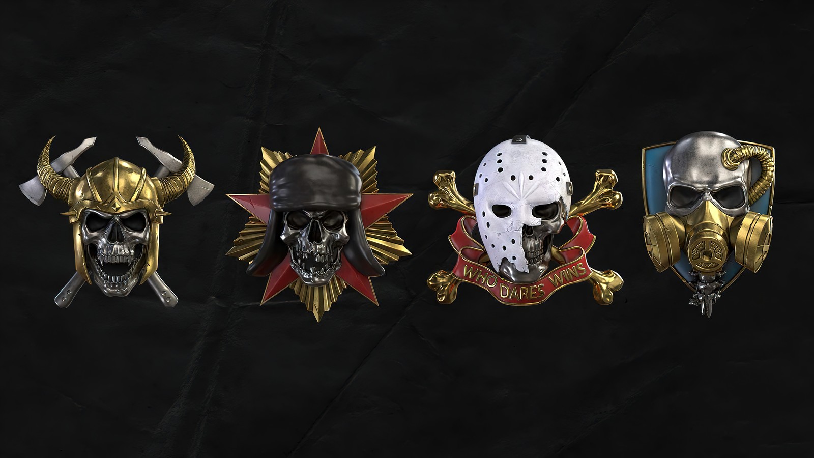 Primer plano de un grupo de máscaras de metal sobre un fondo negro (call of duty, bacalao, videojuego, calavera, emblemas de prestigio)