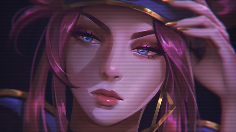 Крупный план женщины с розовыми волосами и шляпой (kda, акали, akali, lol, league of legends)