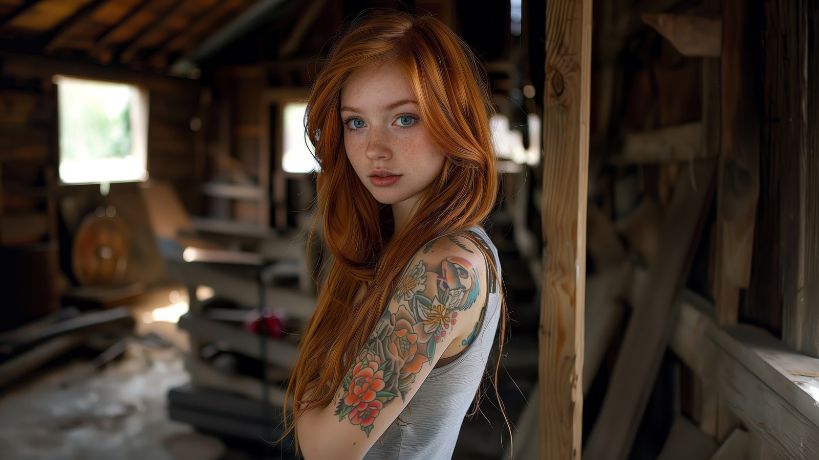 Une femme arabe avec des cheveux rouges et des tatouages se tenant dans une grange (filles, femmes, freckles, tatouage, cheveux roux)