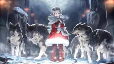 Anime Girl in Red Coat Surrounded by Wolves in a Winter Wonderland