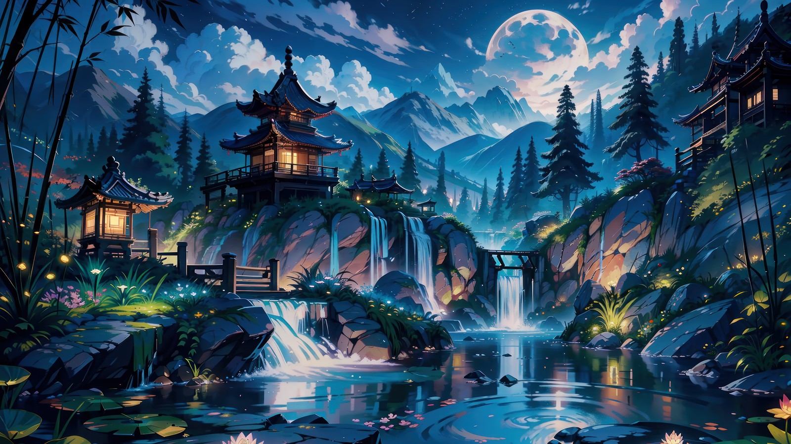 A painting of a waterfall and a pagoda in the middle of a forest (chinese, house, night, moon, scenery)