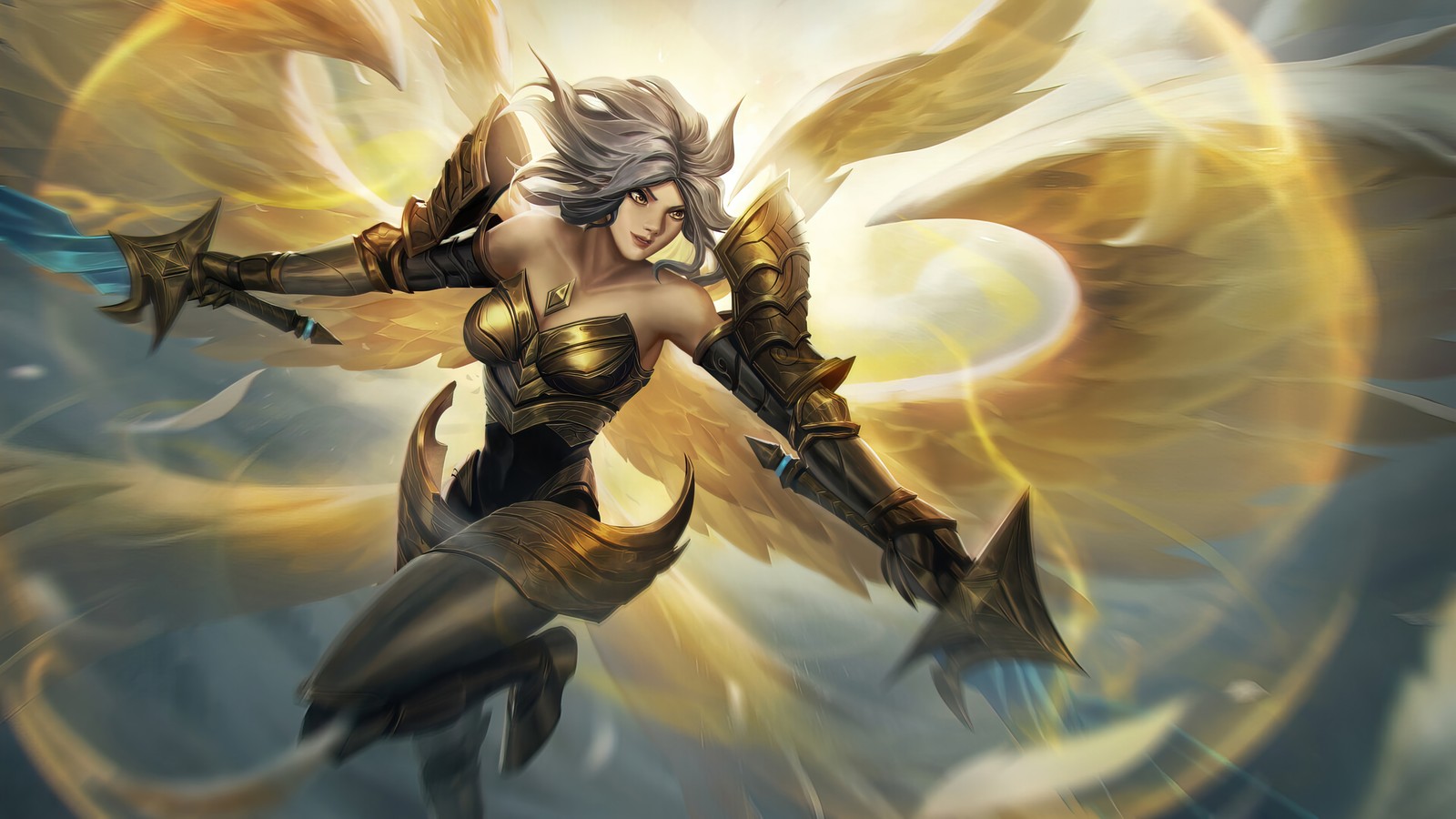 Eine frau mit einem schwert und flügeln vor einem dunklen hintergrund (kayle, league of legends, lol, videospiel, kunst)