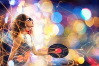 Vibrant Nightclub Performance: Girl with Microphone and Vinyl Record