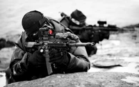 Special Forces Soldier in Tactical Position with Rifle